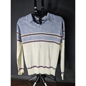 Vintage MISTER Man Shirt Acrylic Knit Medium Collar Long Sleeve Blue Striped